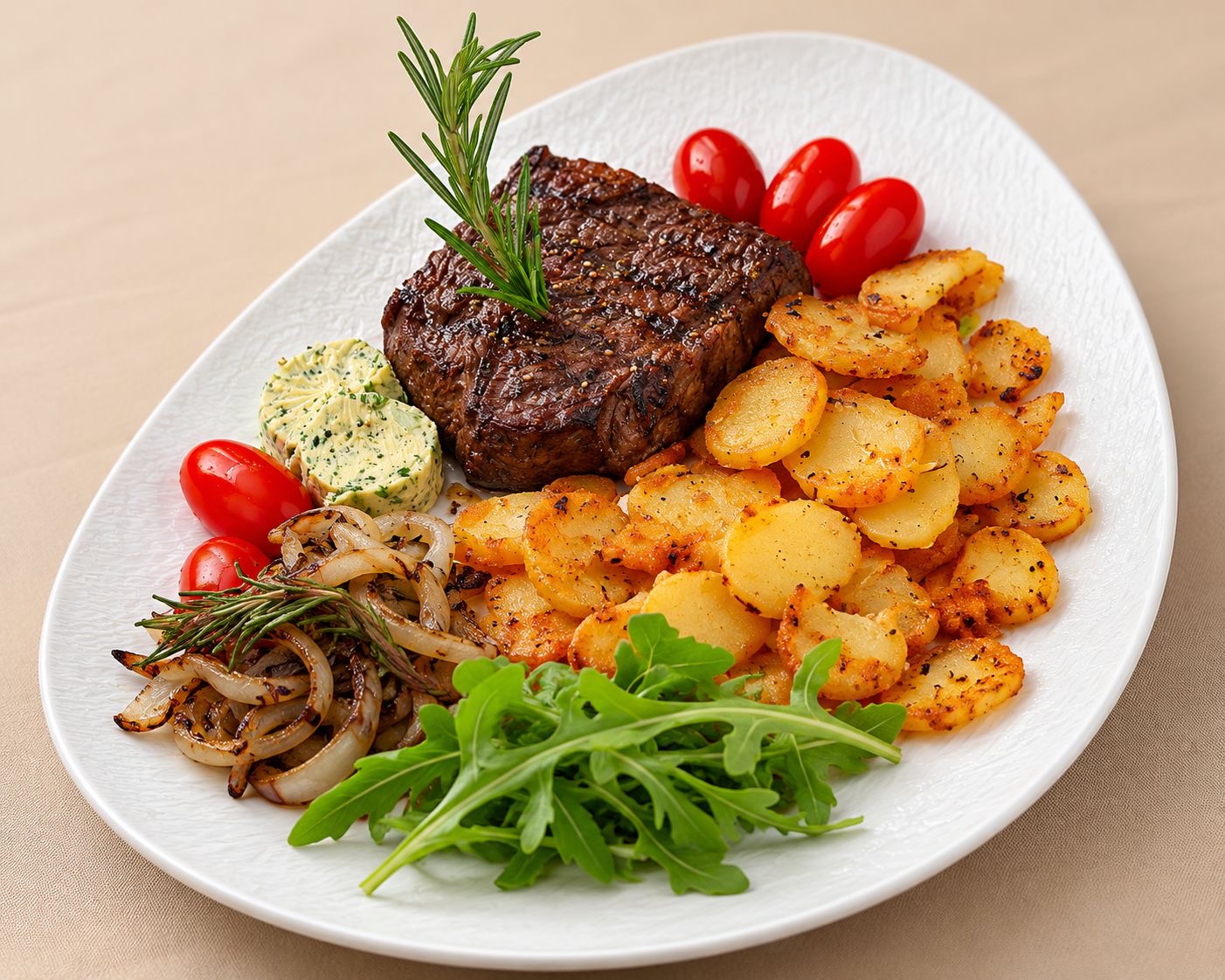 Steak mit Bratkartoffeln und Rucola